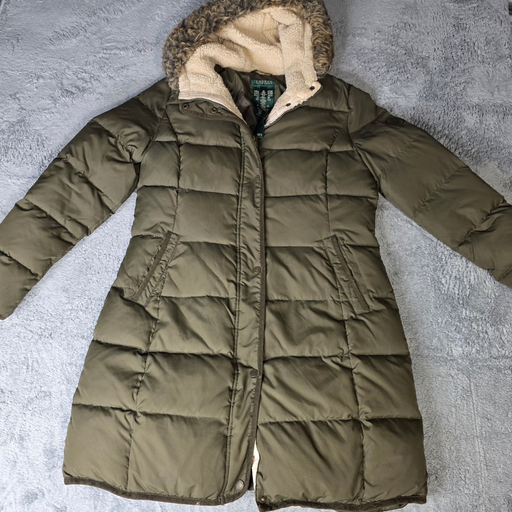 Lauren Ralph Lauren Womens M Puffer Coat Olive Green Faux Fur Hood‎ Down Fill